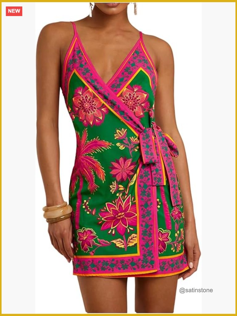Tropical Print V Neck Mini Dress Sleeveless Wrap Tie Knot Boho Cami